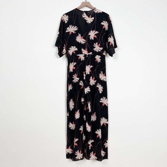 100% Mulberry Silk Wide Leg Jumpsuit Pleated Floral Relaxed Fit & Flare V-Neck - Picture 11 of 12